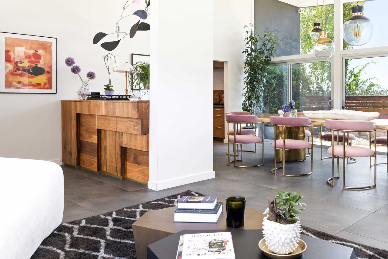 a dining room and walnut buffet table