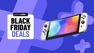Nintendo Switch OLED on a blue background with Black Friday deals badge