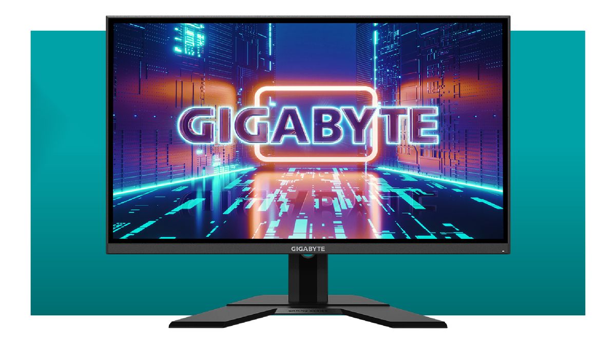 The Gigabyte G27Q IPS gaming monitor on a green-blue background