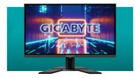 The Gigabyte G27Q IPS gaming monitor on a green-blue background