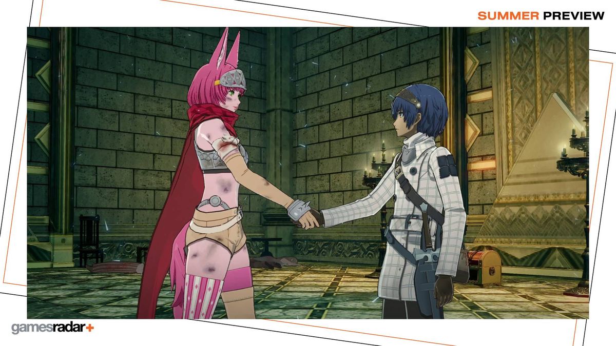 Metaphor: ReFantazio&#039;s protagonist shakes the hand of a character with bright pink hair.