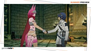 Metaphor: ReFantazio's protagonist shakes the hand of a character with bright pink hair.