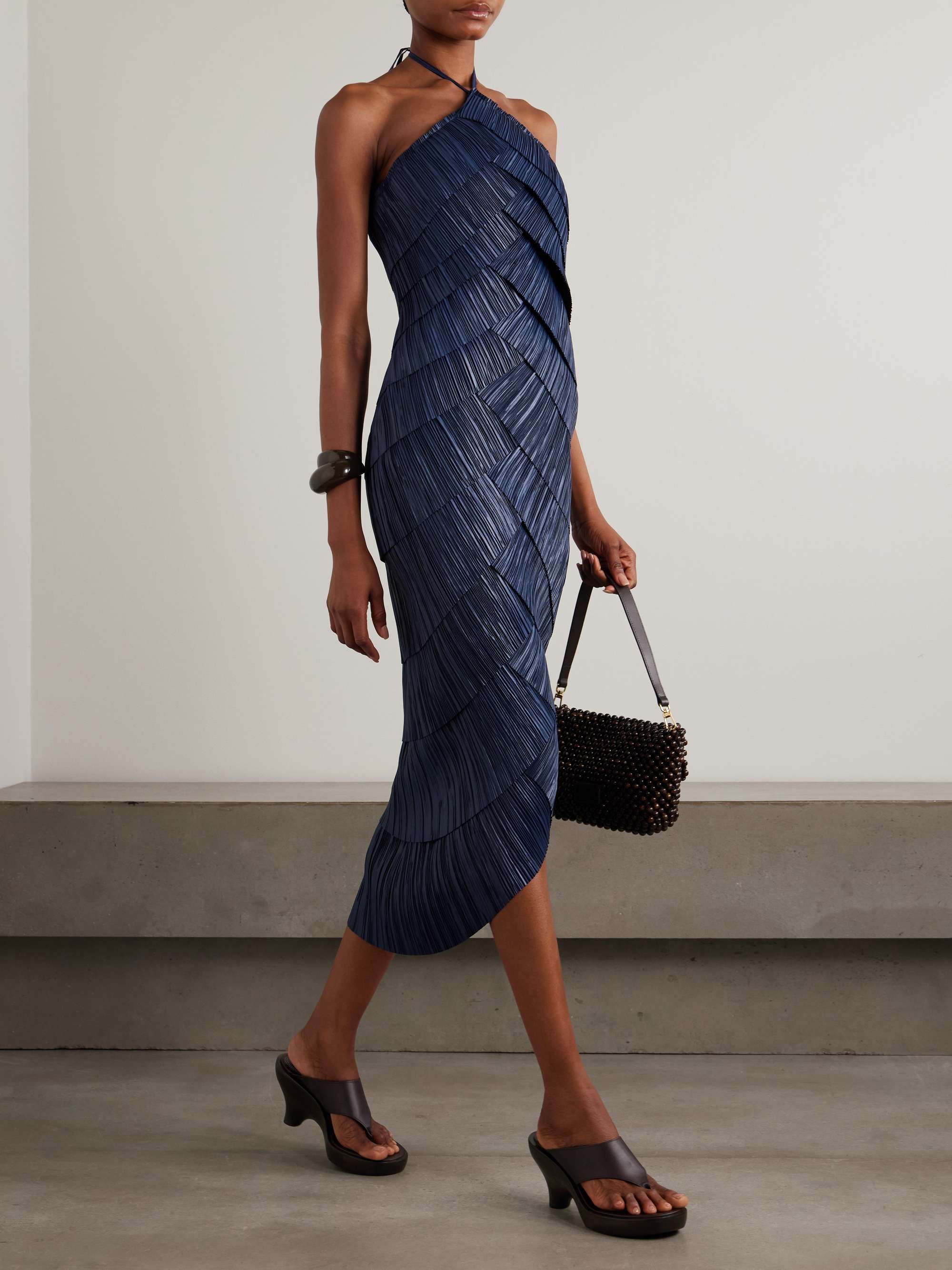 Patrizia Asymmetric Layered Pliss&amp;eacute;-Satin Midi Halterneck Dress