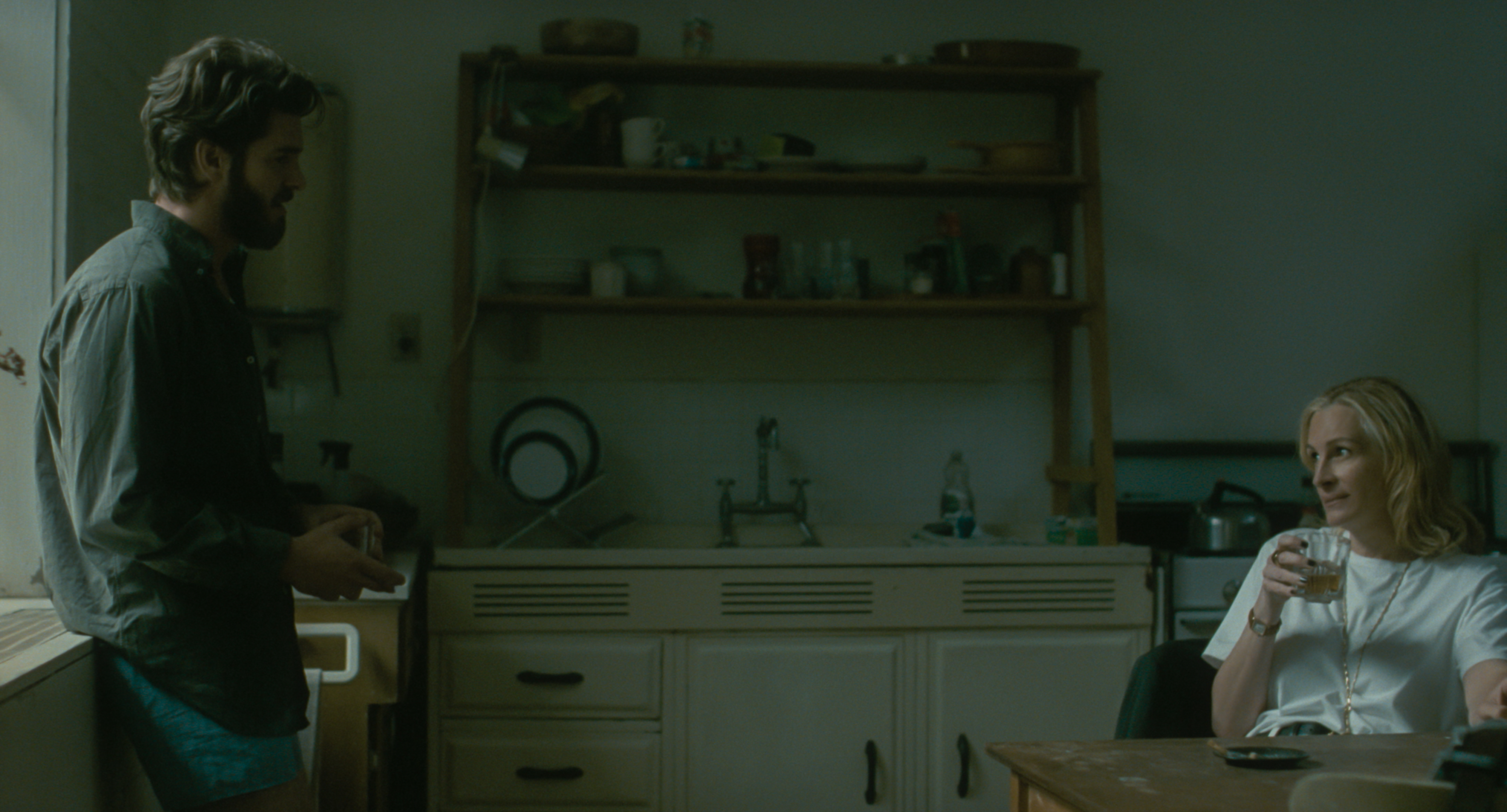 hank and alma speaking in the kitchen of her apartment in after the hunt