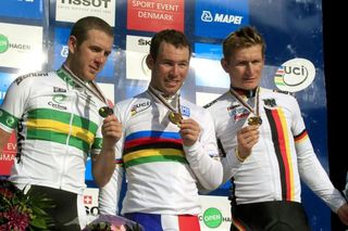 The podium: Matt Goss (Australia), Mark Cavendish (Great Britain), Andre Griepel (Germany)