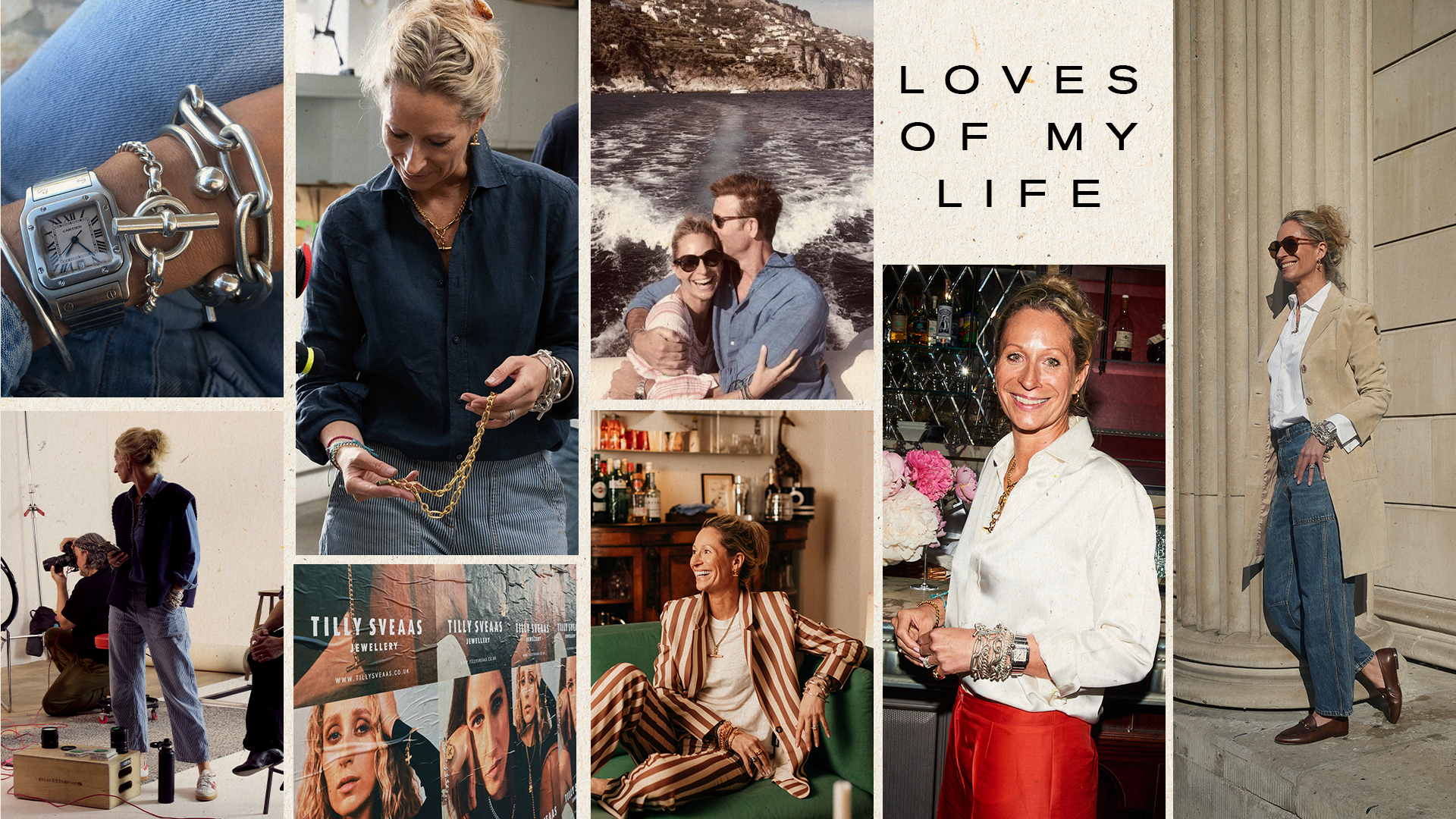A collage of images of jewellery designer Tilly Sveaas.