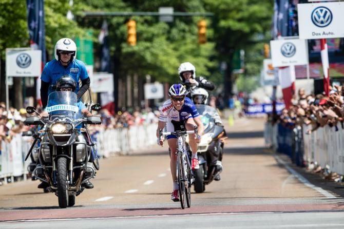 Alison Powers (UnitedHealthcare) rides solo into the finish