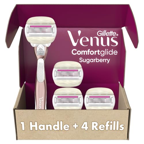 Gillette Venus Razor for Women, Comfortglide Plus Olay Sugarberry, Rose Gold Metal Handle + 4 Blade Refills, 5-Blade Razor Cartridges, Moisture Bars
