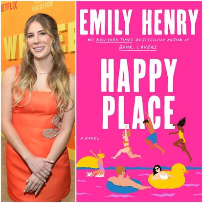 a split image of author emily henry wearing an orange dress posing on a red carpet opposite the cover of her novel happy place