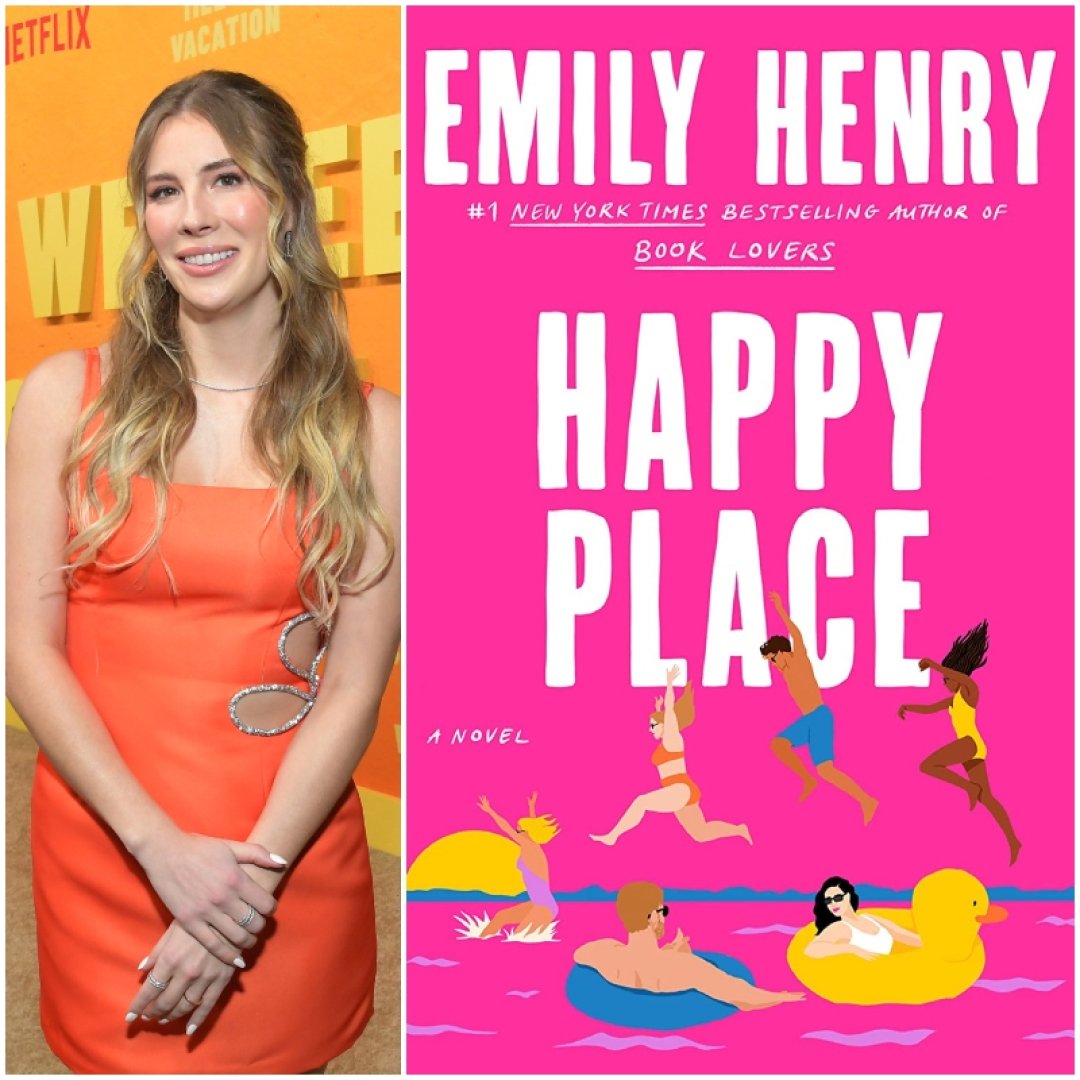 a split image of author emily henry wearing an orange dress posing on a red carpet opposite the cover of her novel happy place