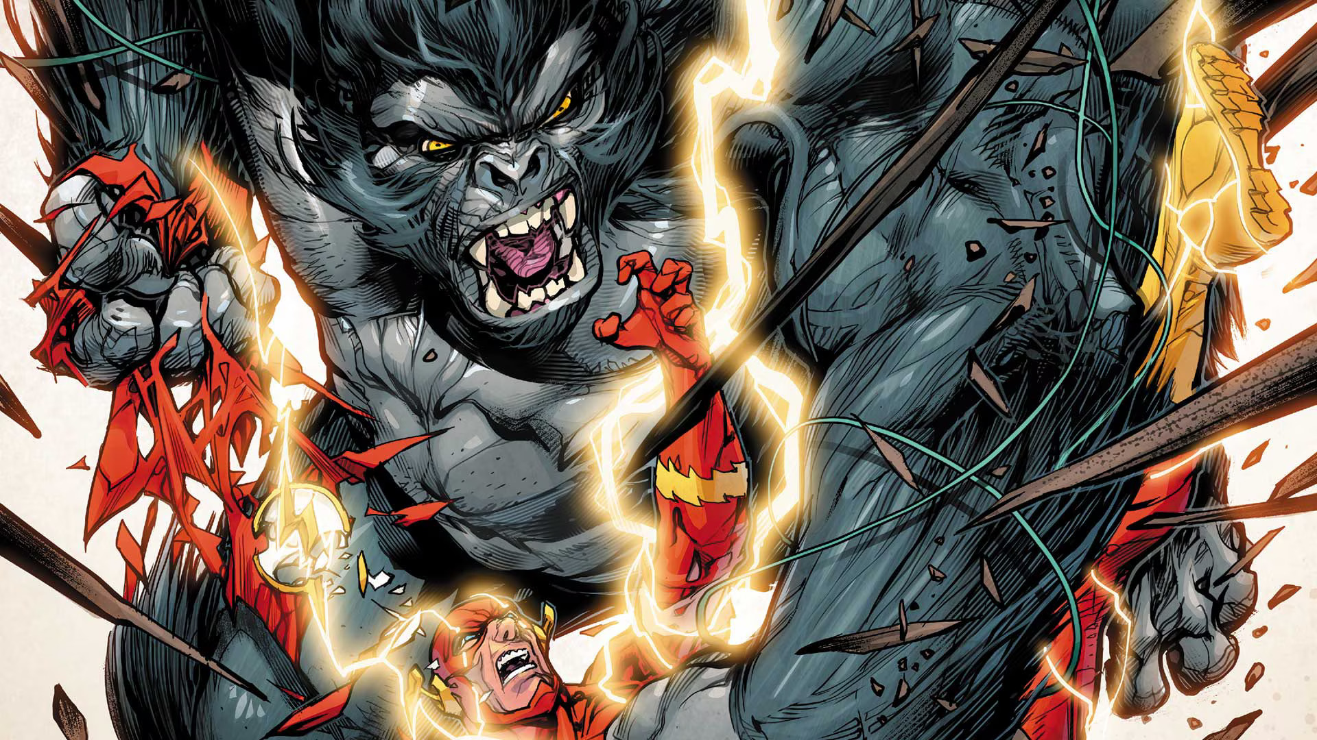 Gorilla Grodd smashing The Flash into the ground in a panel from a DC comic book