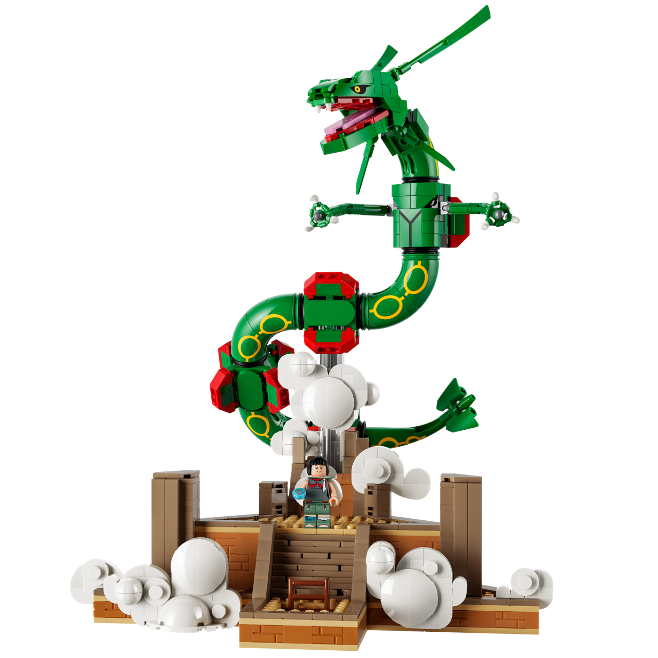 Lego Rayquaza on a cloudy display, against a white background