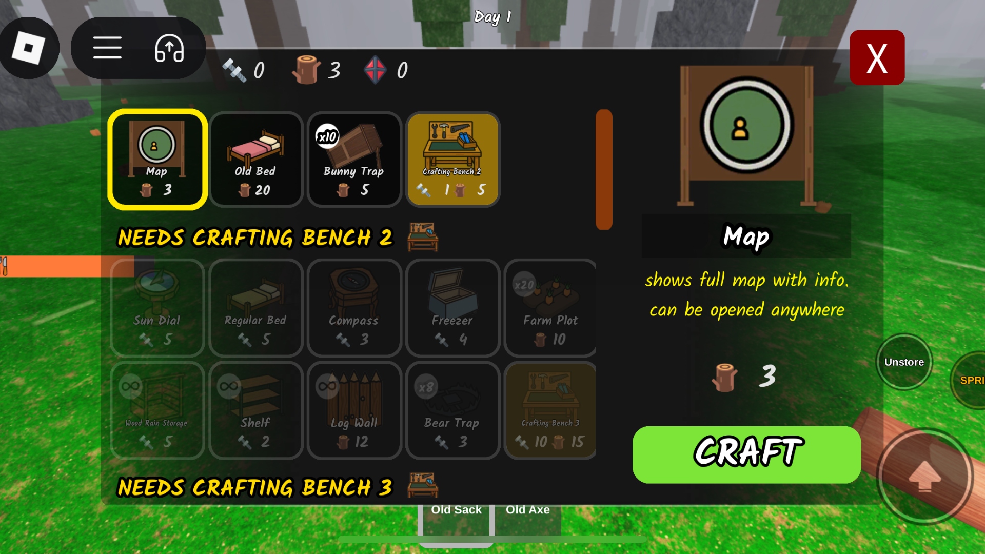 The crafting menu in 99 Nights in the Forest