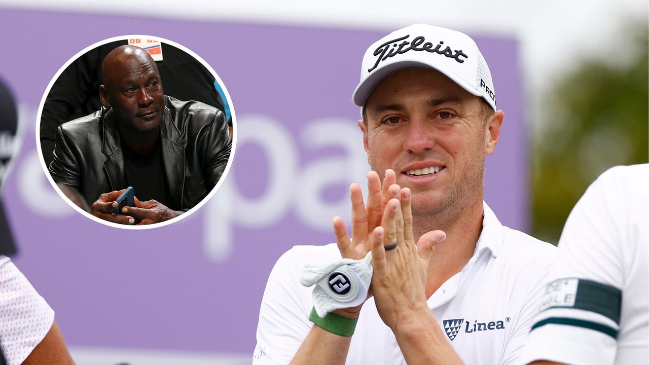 Main image of Justin Thomas at the 2024 Valspar Championship - inset photo of Michael Jordan at a Charlotte Hornets game