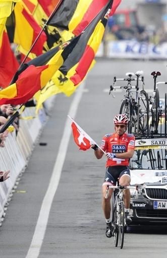 A fan handed Cancellara a Swiss flag in the home stretch.