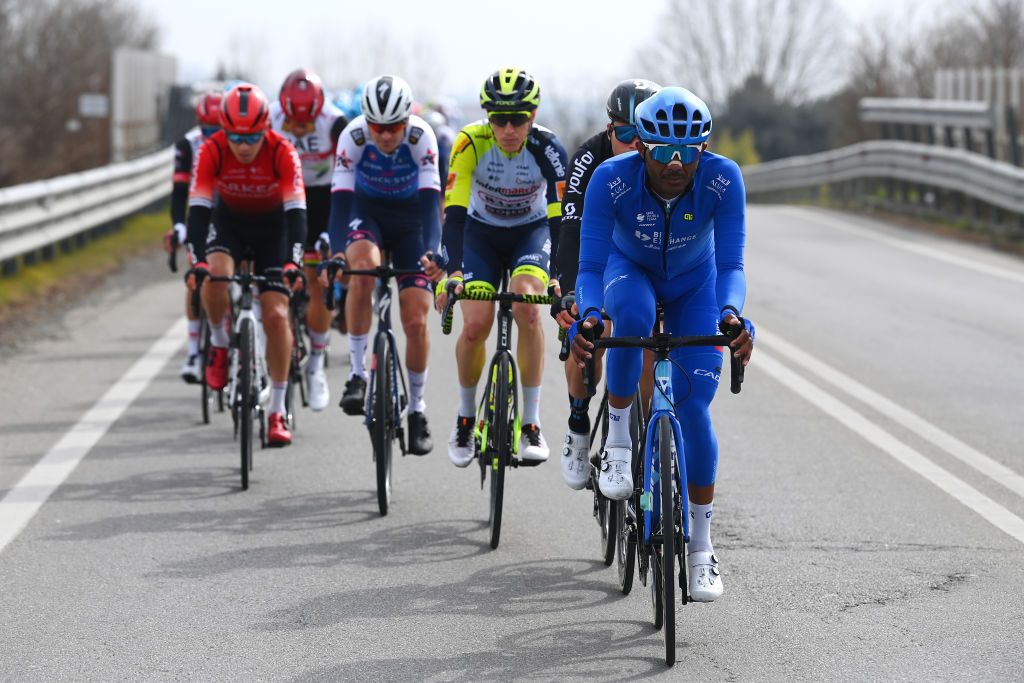 MILAN ITALY MARCH 16 Tsgabu Gebremaryam Grmay of Ethiopia and Team Bikeexchange Jayco competes during the 103rd MilanoTorino 2022 a 197km one day race from Magenta to Rivoli MilanoTorino on March 16 2022 in Milan Italy Photo by Tim de WaeleGetty Images