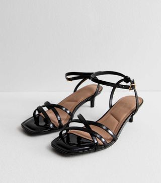 New Look, Wide Fit Black Leather-Look Strappy Kitten Heel Sandals