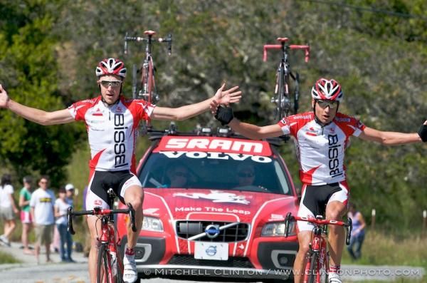 Rob Britton (Bissell) leads teammate Paul Mach (Bissell) at the finish