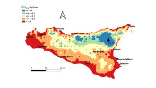 This map shows the predicted oxygen isotope values in Sicily.
