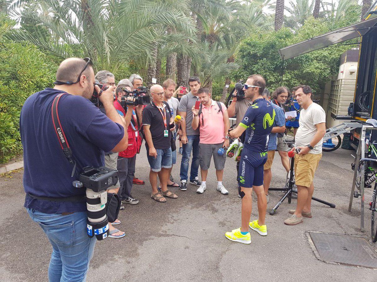 Alejandro Valverde greets the press before the ride