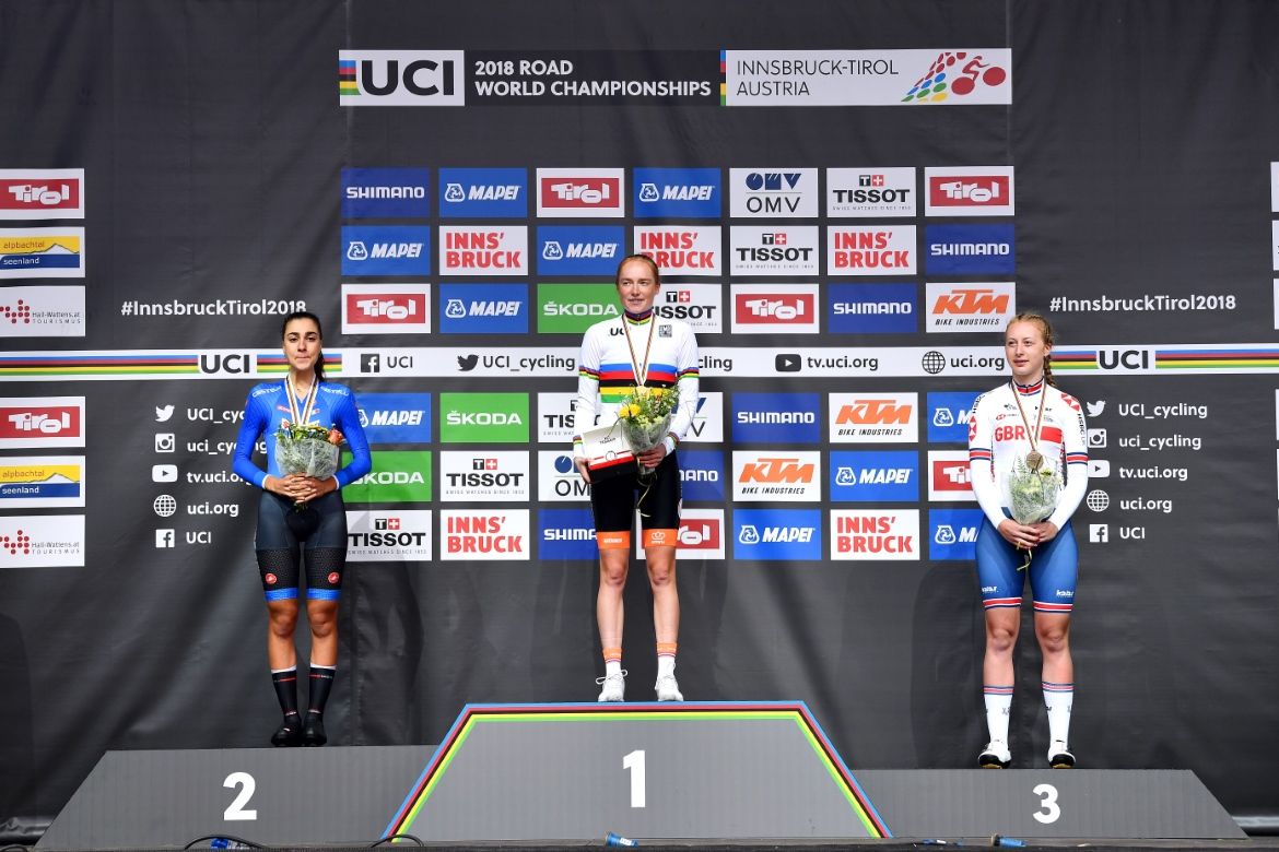 Rozemarijn Ammerlaan (Netherlands) beat Camilla Alessio (Italy) and Elynor Backstedt (Great Britain) to win the junior women's time trial at the World Championships.