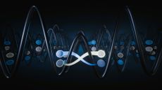 An illustration showing various blue and white dots connected by glowing lines weaving through waves of black. 
