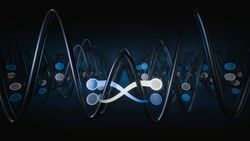 An illustration showing various blue and white dots connected by glowing lines weaving through waves of black. 