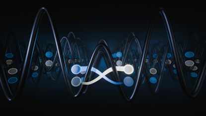 An illustration showing various blue and white dots connected by glowing lines weaving through waves of black. 