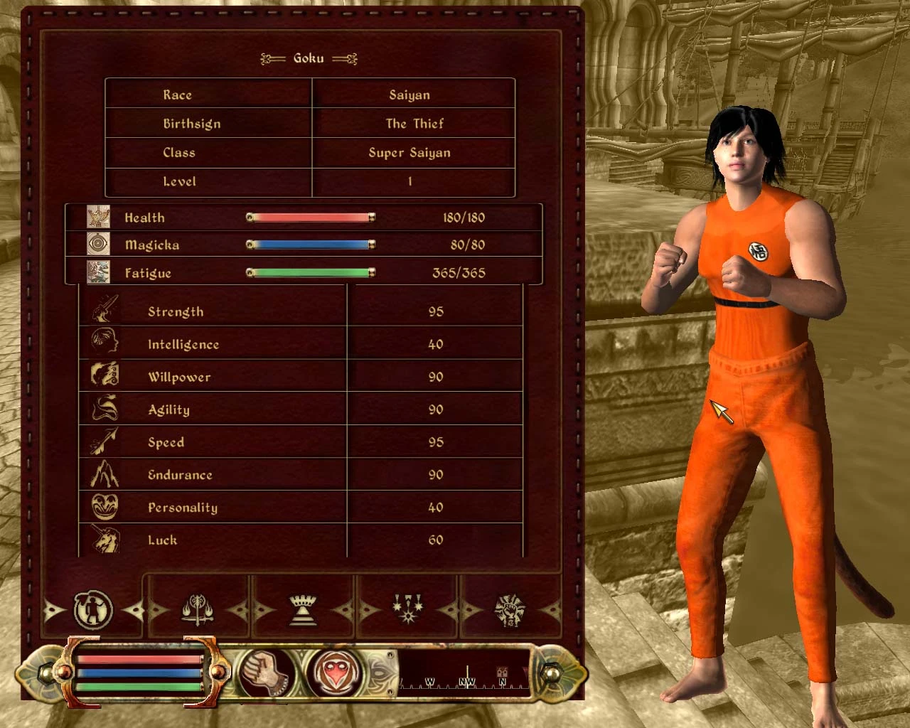 A player character using a modded Saiyan race in Oblivion.