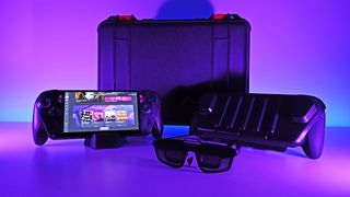 Powered-on ROG Ally X20 handheld, XREAL AR glasses, dbrand Killswitch cover, and Pelican case under moody purple lighting.