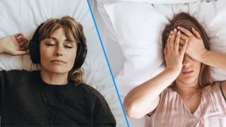 A split screen showing an image of a woman using a guided sleep meditation for better sleep and an image of a woman experiencing insomnia. 