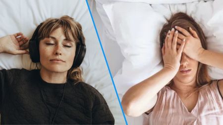 A split screen showing an image of a woman using a guided sleep meditation for better sleep and an image of a woman experiencing insomnia. 