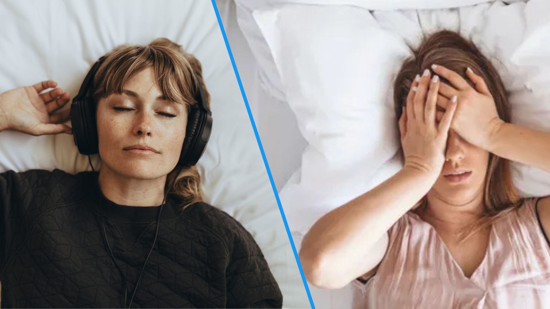 A split screen showing an image of a woman using a guided sleep meditation for better sleep and an image of a woman experiencing insomnia. 