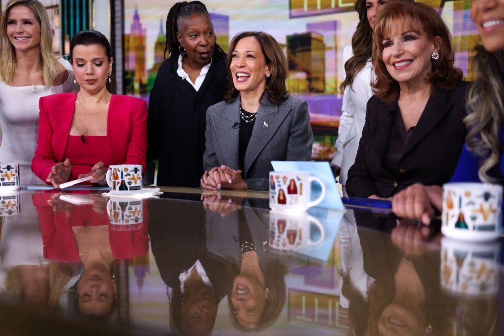  Vice President and Democratic presidential nominee Kamala Harris is pictured in studio at ABC during a break during the recording of the show &quot;The View&quot;