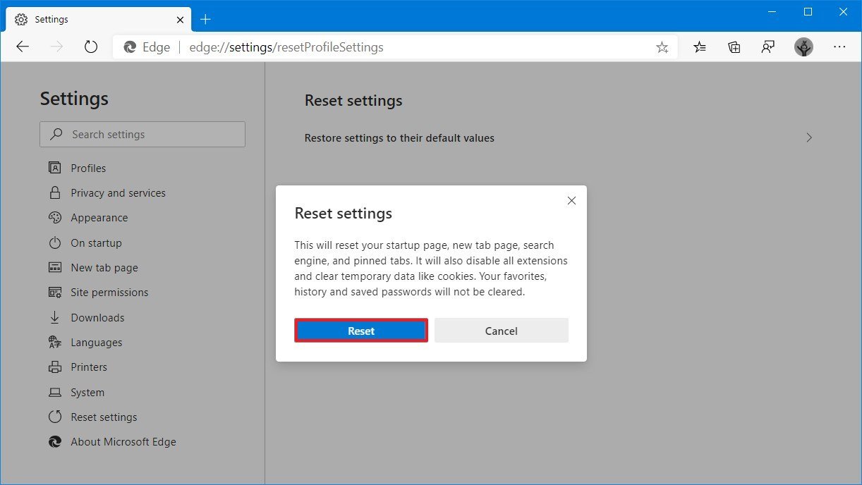 Edge settings default