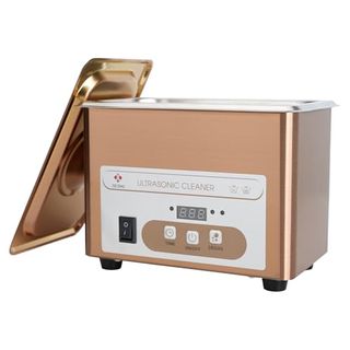 Rose gold Ultrasonic Jewelry Cleaner with white panel on front and four buttons including an on/off switch and time countdown