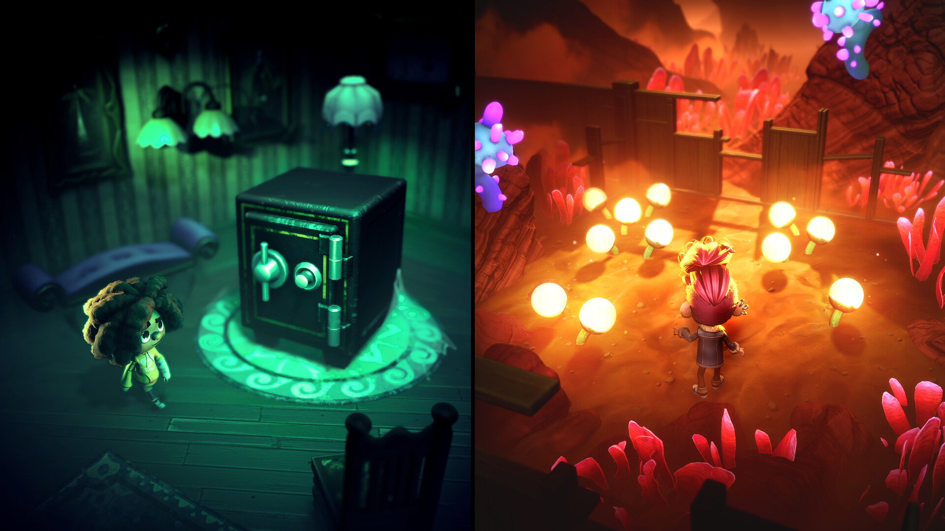 Two characters in split screen venture through different places at the same time, with one by a safe and the other walking past toadstools in co-op adventure, Stage Fright