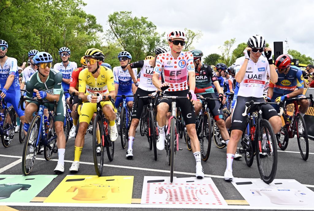 British Simon Yates of Team Jayco Alula British Adam Yates of UAE Team Emirates US Neilson Powless of EF EducationEasyPost and Slovenian Tadej Pogacar of UAE Team Emirates pictured at the start of the second stage of the Tour de France cycling race a 2089 km race from VitoriaGasteiz to San Sebastian Spain Sunday 02 July 2023 This years Tour de France takes place from 01 to 23 July 2023 BELGA PHOTO JASPER JACOBS Photo by JASPER JACOBS BELGA MAG Belga via AFP Photo by JASPER JACOBSBELGA MAGAFP via Getty Images