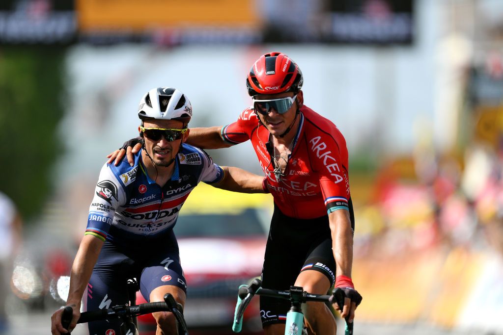 ISSOIRE FRANCE JULY 11 LR Julian Alaphilippe of France and Team Soudal Quick Step and Warren Barguil of France and Team ArkaSamsic cross the finish line during the stage ten of the 110th Tour de France 2023 a 1672km stage from Vulcania to Issoire UCIWT on July 11 2023 in Issoire France Photo by David RamosGetty Images