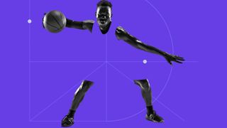 Graphic featuring stylized basketball player