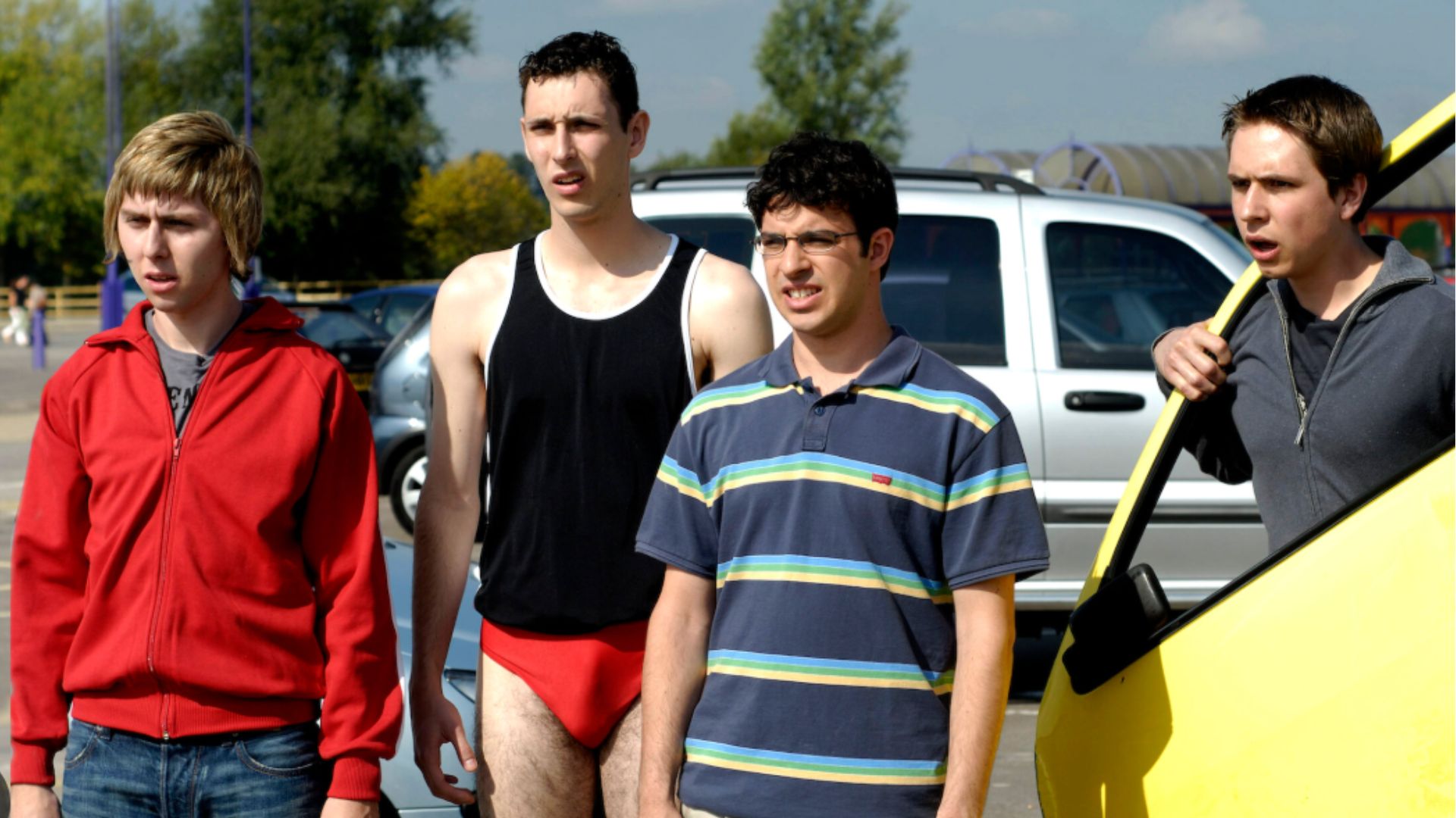 an image of the four main actors in a scene from the inbetweeners