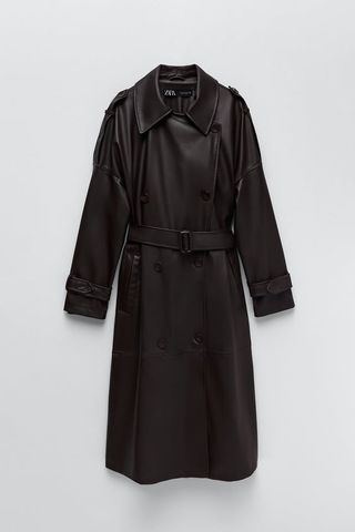 zara brown leather trench womens