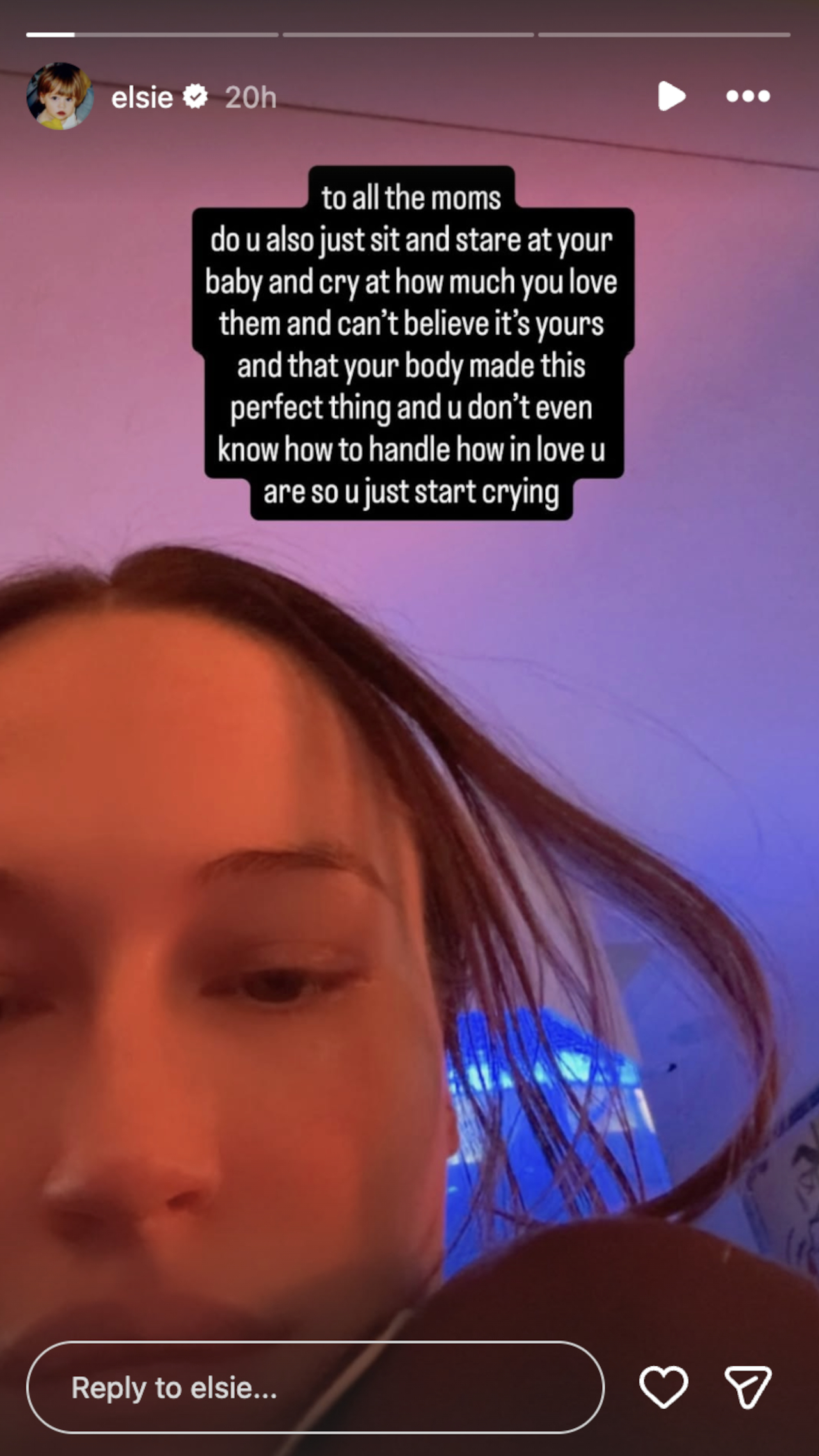 Elsie Hewitt posting a message to new mothers on her Instagram stories.