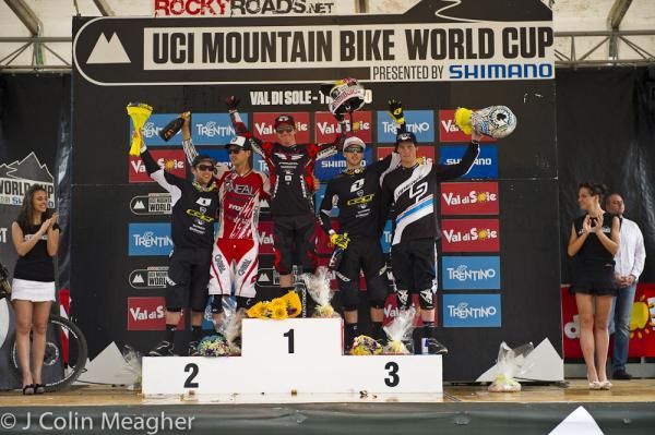 Elite men's downhill podium in Val di Sole World Cup: Marc Beaumont, Greg Minnaar, Aaron Gwin, Gee Atherton, Cameron Cole