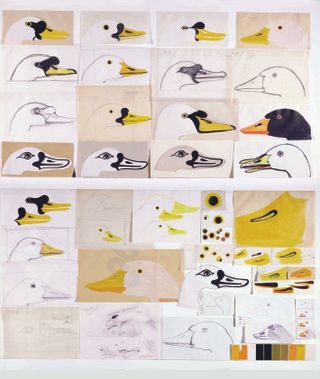 A series of sketches by Enzo Mari featuring a swan head, part of his ‘La serie della natura’ from 1967
