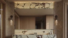 beautiful marble bathroom with huge LED light mirror