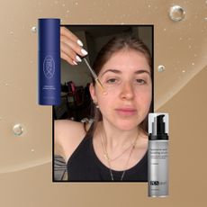 a girl applying serum framed on the back of a serum textured background next to two blue and silver serum bottles