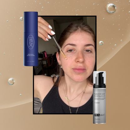 a girl applying serum framed on the back of a serum textured background next to two blue and silver serum bottles