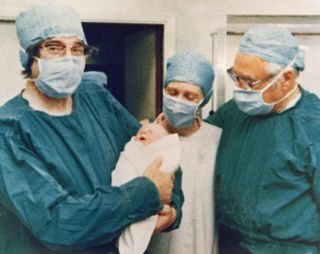 Baby Louise Brown in 1978 with surgeon Patrick Steptoe.
