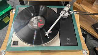 Linn Majik LP12 MC turntable viewed from top playing vinyl record